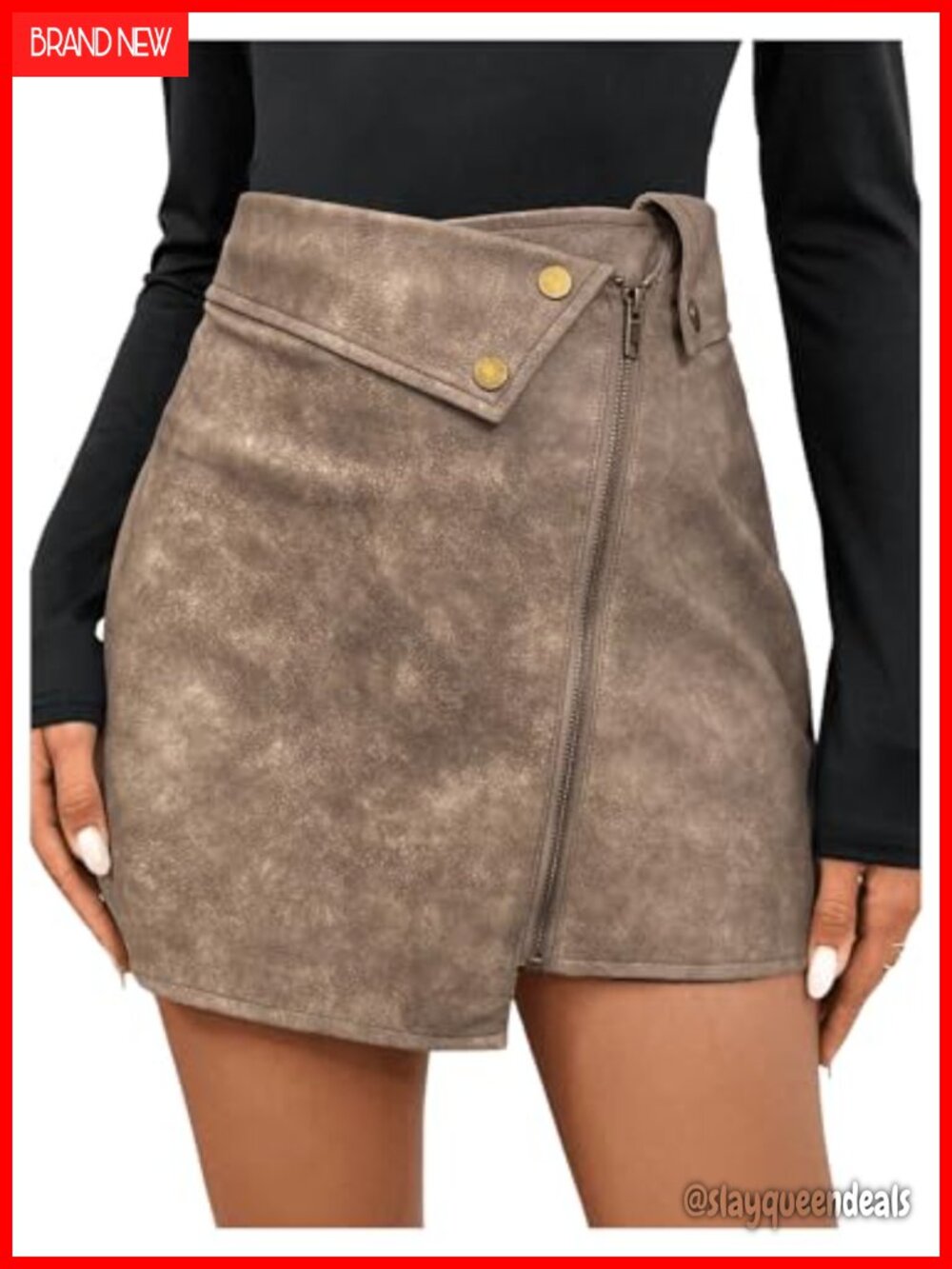 Vintage PU Leather High Waist Asymmetrical Hem Zip Up Mini Skirt